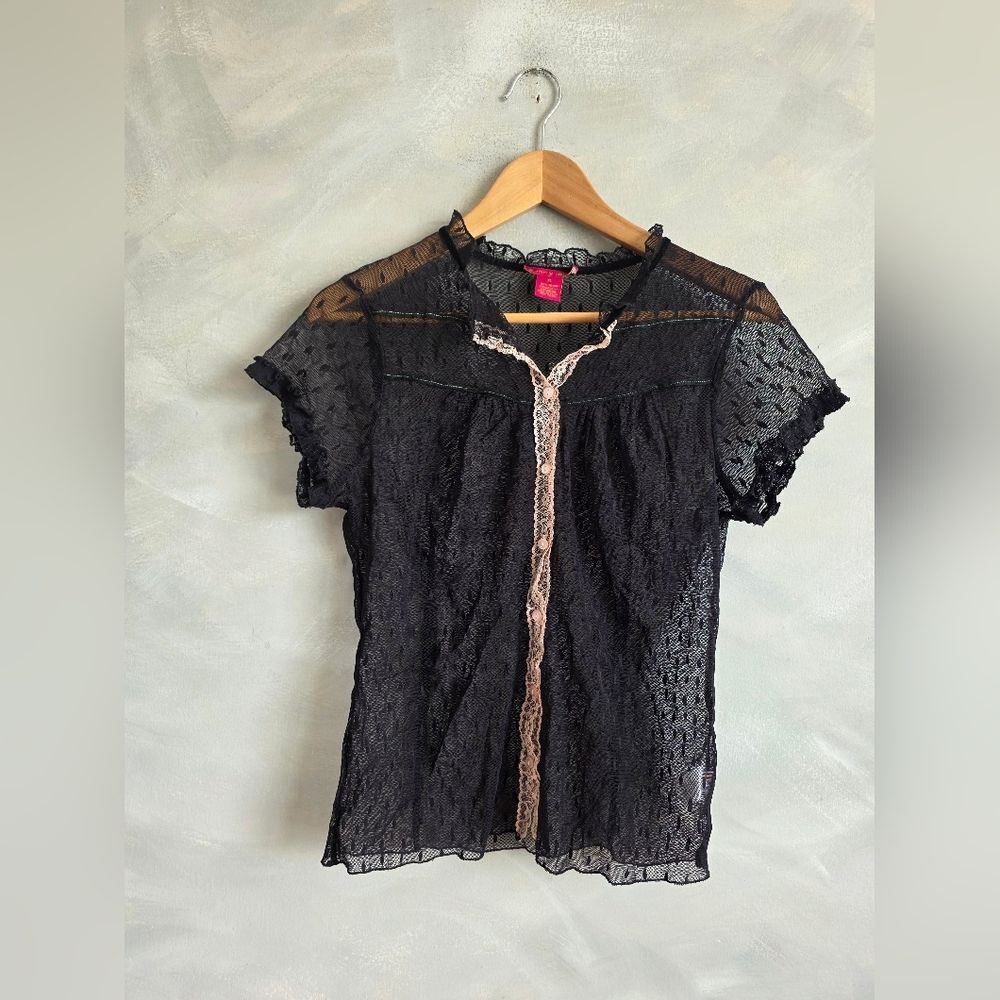 Sunny Leigh Black Sheer Ruffle Collar Sleeve Hem Velvet Trim Polka Dot Blouse XL
